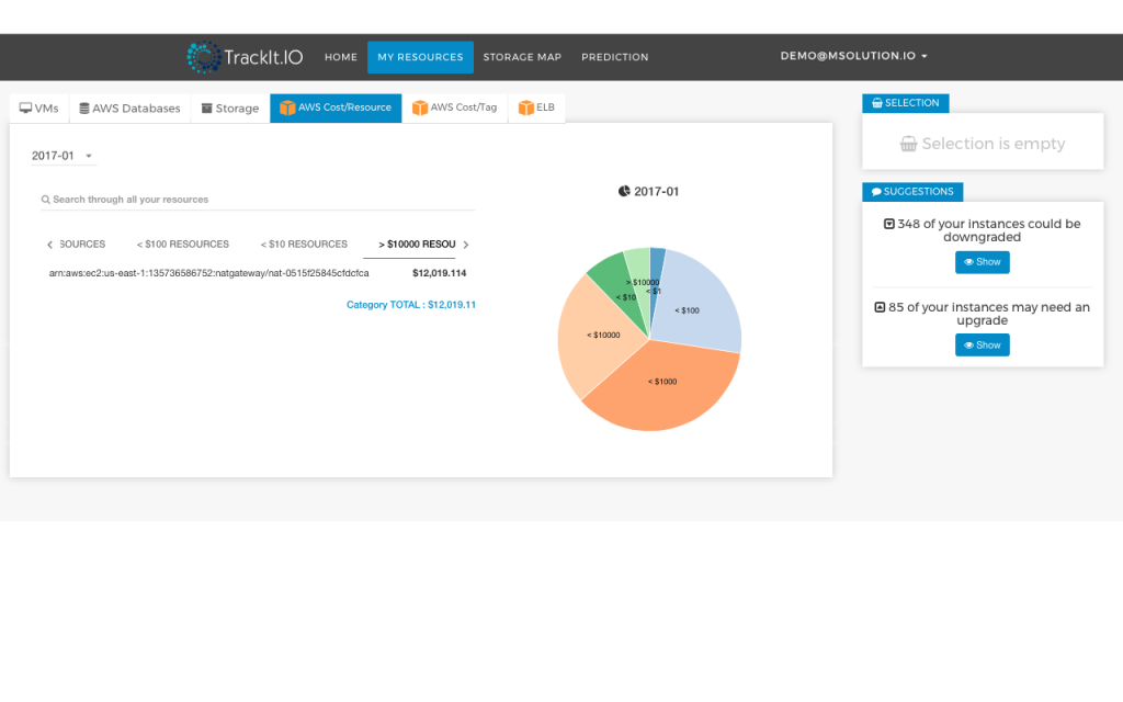 <strong>How to Leverage the TrackIt Cost Management App to get Better Understanding of Your Cloud Deployment</strong> 5 Cost/Resource tab shows all the resources grouped based on the cost.